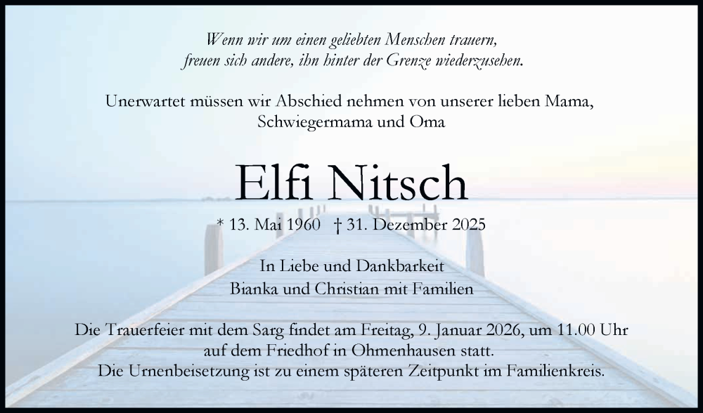  Traueranzeige für Elfi Nitsch vom 03.01.2026 aus Reutlinger General-Anzeiger