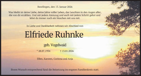 Anzeige von Elfriede Ruhnke von Reutlinger General-Anzeiger
