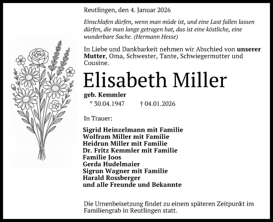 Anzeige von Elisabeth Miller von Reutlinger General-Anzeiger