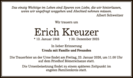 Anzeige von Erich Kreuzer von Reutlinger General-Anzeiger