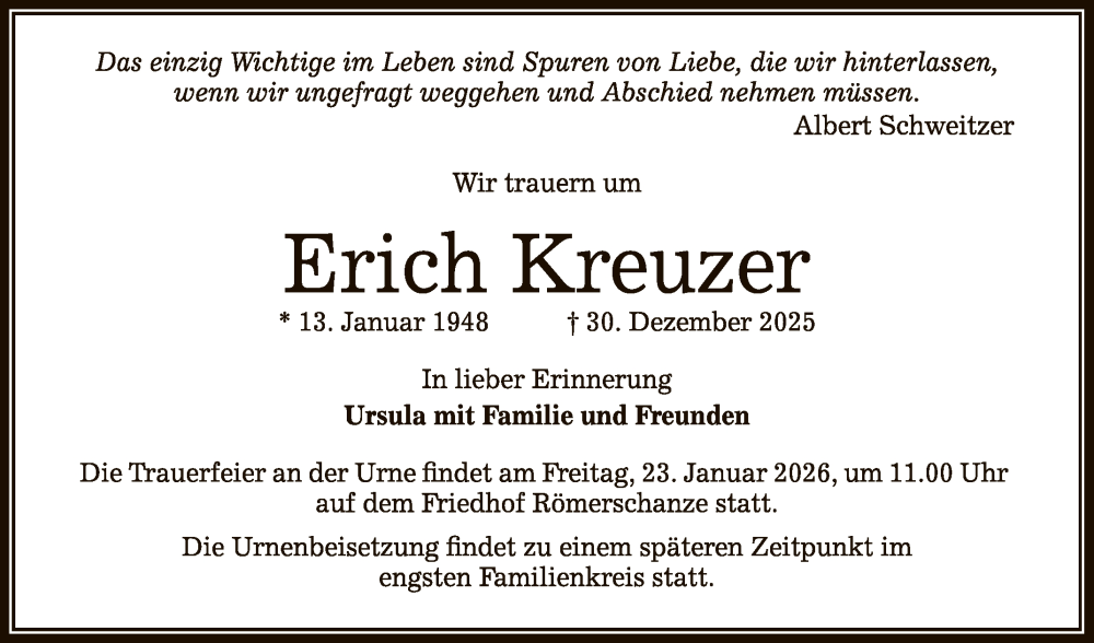  Traueranzeige für Erich Kreuzer vom 17.01.2026 aus Reutlinger General-Anzeiger