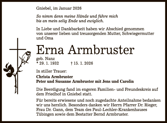 Anzeige von Erna Armbruster von Reutlinger General-Anzeiger
