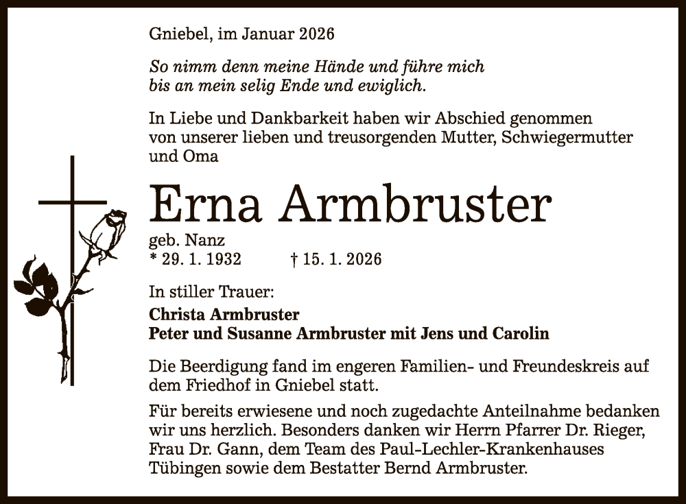  Traueranzeige für Erna Armbruster vom 24.01.2026 aus Reutlinger General-Anzeiger