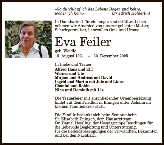 Anzeige von Eva Feiler von Reutlinger General-Anzeiger