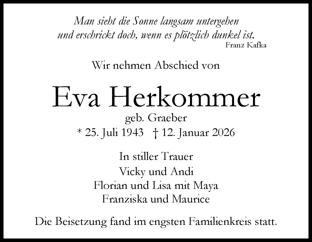  Traueranzeige für Eva Herkommer vom 24.01.2026 aus Reutlinger General-Anzeiger