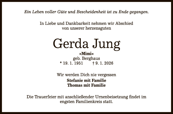 Anzeige von Gerda Jung von Reutlinger General-Anzeiger