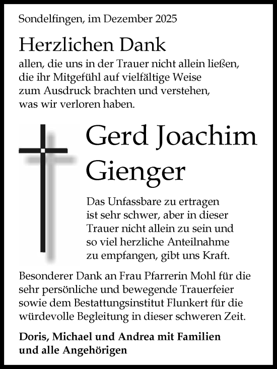 Anzeige von Gerd Joachim Gienger von Reutlinger General-Anzeiger