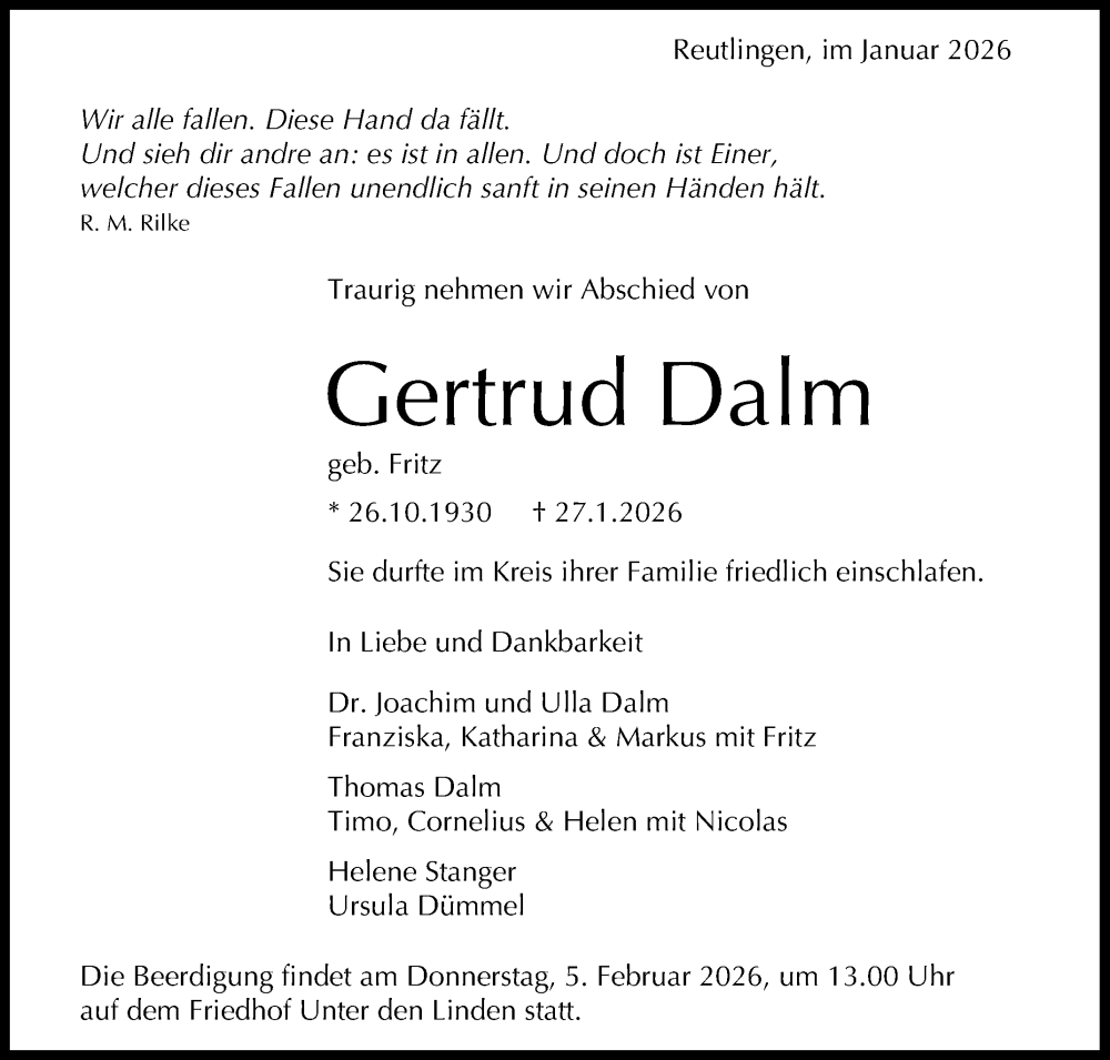  Traueranzeige für Gertrud Dalm vom 31.01.2026 aus Reutlinger General-Anzeiger