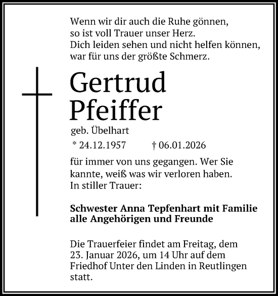 Anzeige von Gertrud Pfeiffer von Reutlinger General-Anzeiger