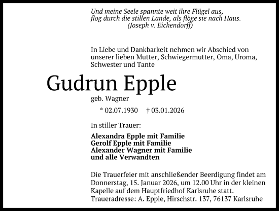 Anzeige von Gudrun Epple von Reutlinger General-Anzeiger