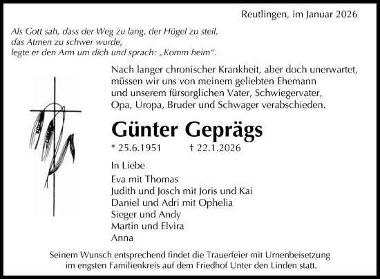 Anzeige von Günter Geprägs von Reutlinger General-Anzeiger