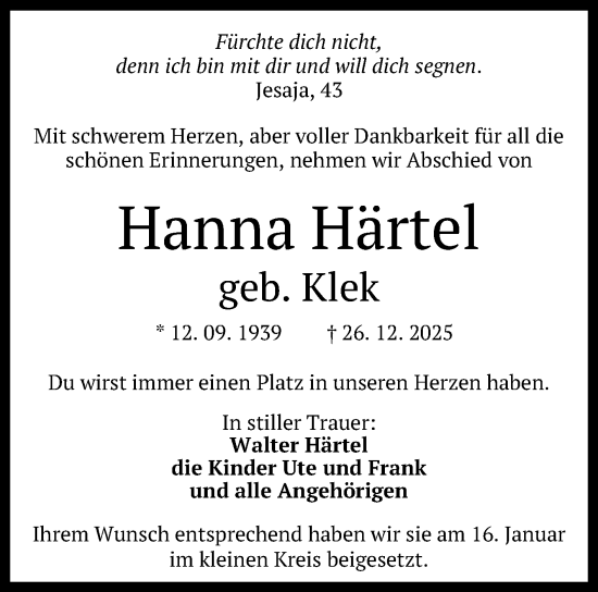 Anzeige von Hanna Härtel von Reutlinger General-Anzeiger