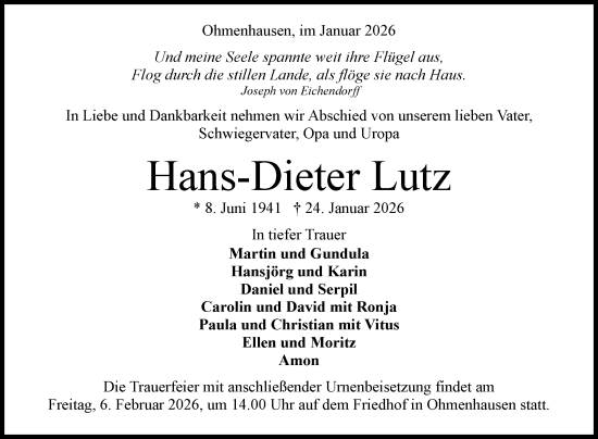 Anzeige von Hans-Dieter Lutz von Reutlinger General-Anzeiger