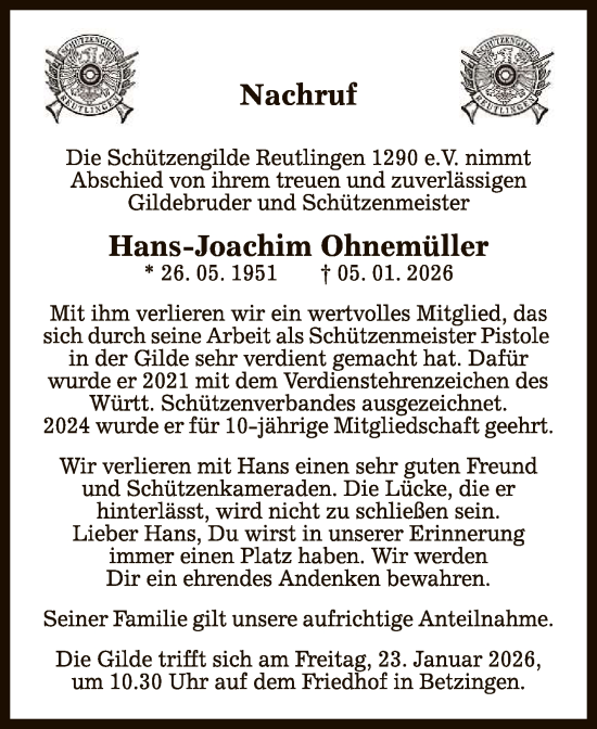 Anzeige von Hans-Joachim Ohnemüller von Reutlinger General-Anzeiger