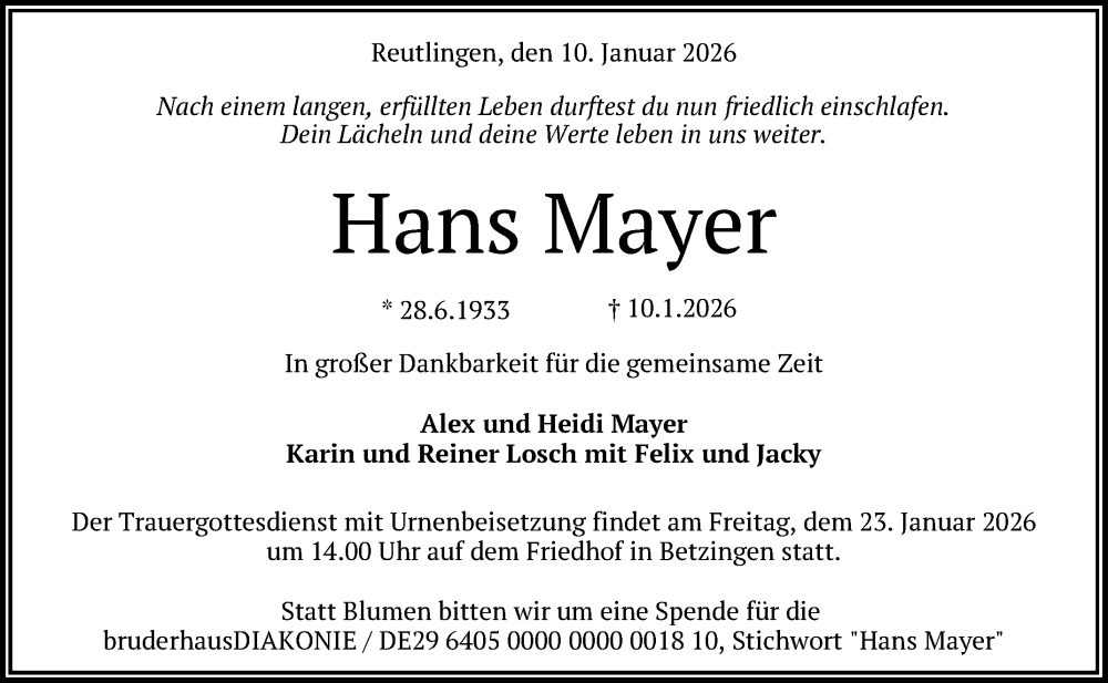  Traueranzeige für Hans Mayer vom 17.01.2026 aus Reutlinger General-Anzeiger