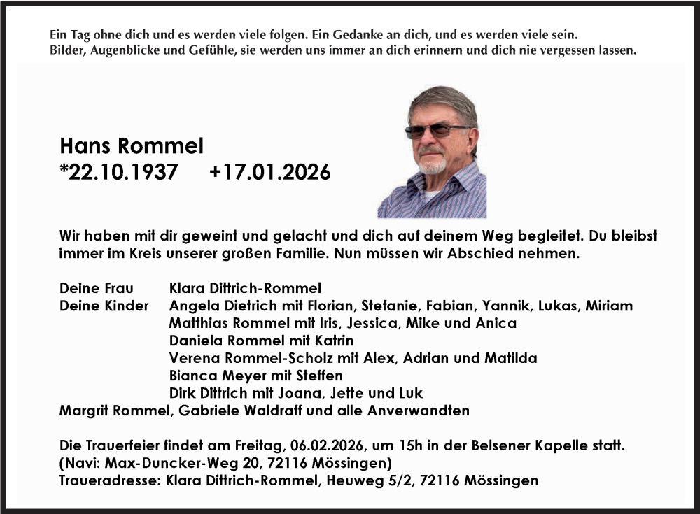  Traueranzeige für Hans Rommel vom 23.01.2026 aus Reutlinger General-Anzeiger