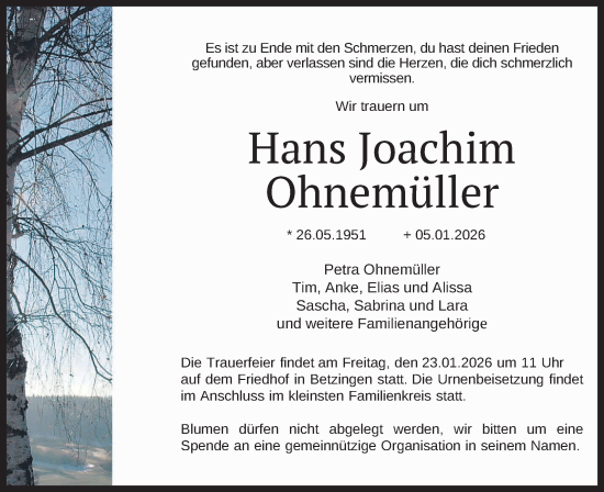 Anzeige von Hans Joachim Ohnemüller von Reutlinger General-Anzeiger