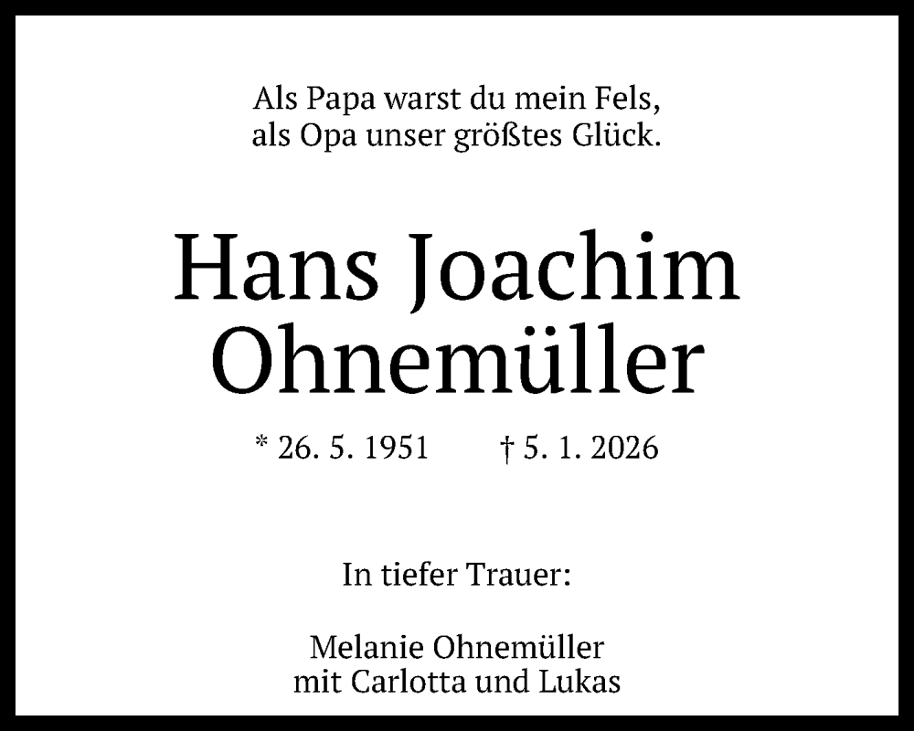  Traueranzeige für Hans Joachim Ohnemüller vom 17.01.2026 aus Reutlinger General-Anzeiger