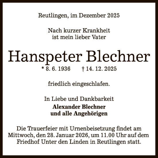 Anzeige von Hanspeter Blechner von Reutlinger General-Anzeiger