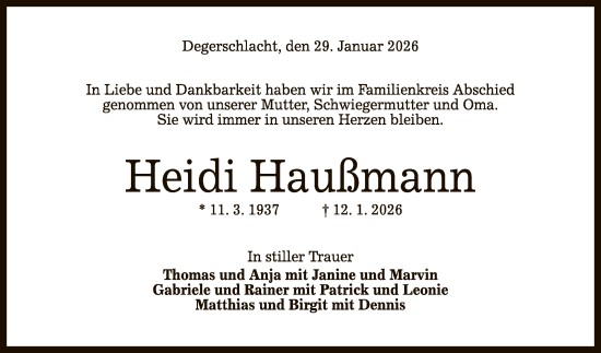 Anzeige von Heidi Haußmann von Reutlinger General-Anzeiger