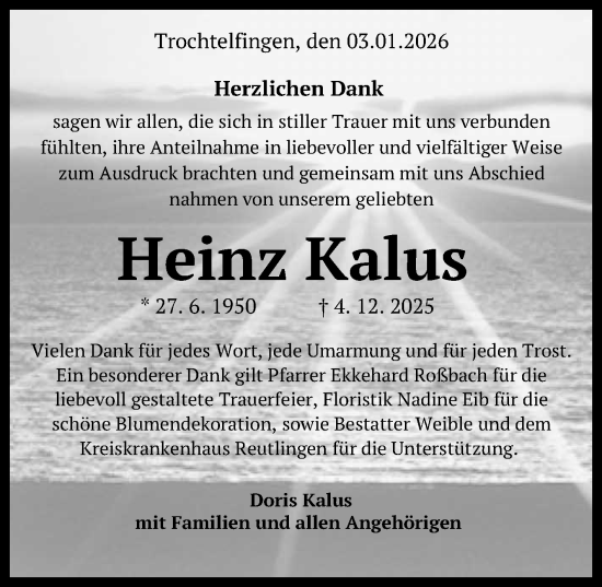 Anzeige von Heinz Kalus von Reutlinger General-Anzeiger