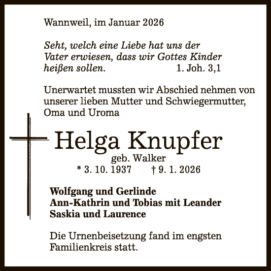 Anzeige von Helga Knupfer von Reutlinger General-Anzeiger
