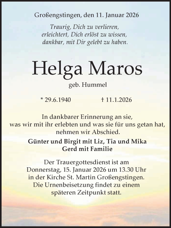 Anzeige von Helga Maros von Reutlinger General-Anzeiger