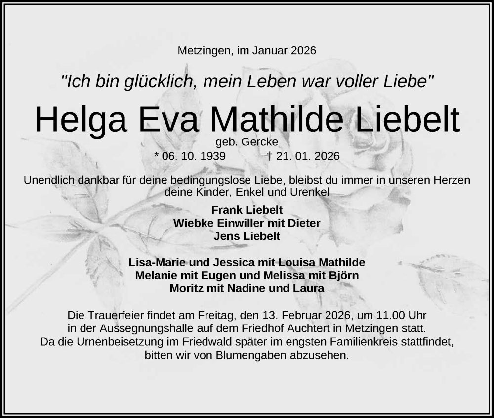  Traueranzeige für Helga Eva Mathilde Liebelt vom 31.01.2026 aus Reutlinger General-Anzeiger