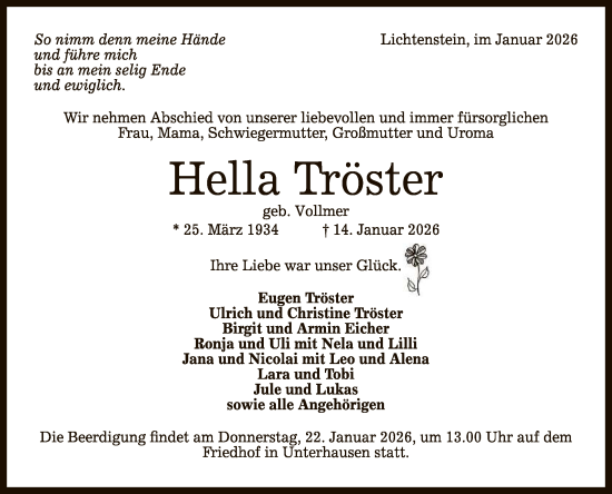 Anzeige von Hella Tröster von Reutlinger General-Anzeiger