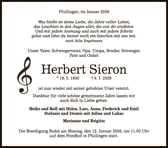 Anzeige von Herbert Sieron von Reutlinger General-Anzeiger