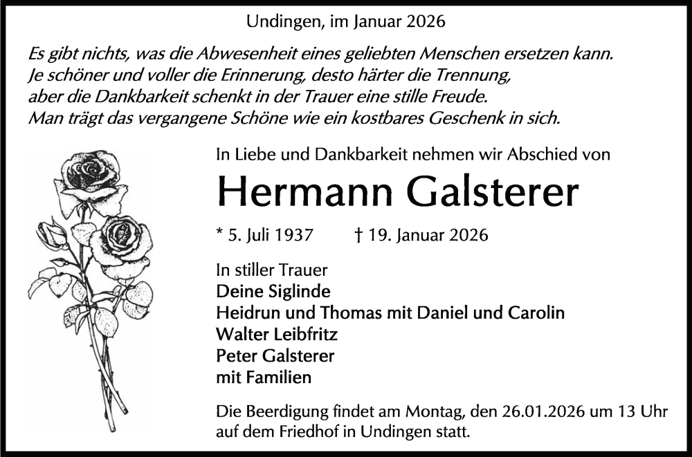  Traueranzeige für Hermann Galsterer vom 22.01.2026 aus Reutlinger General-Anzeiger
