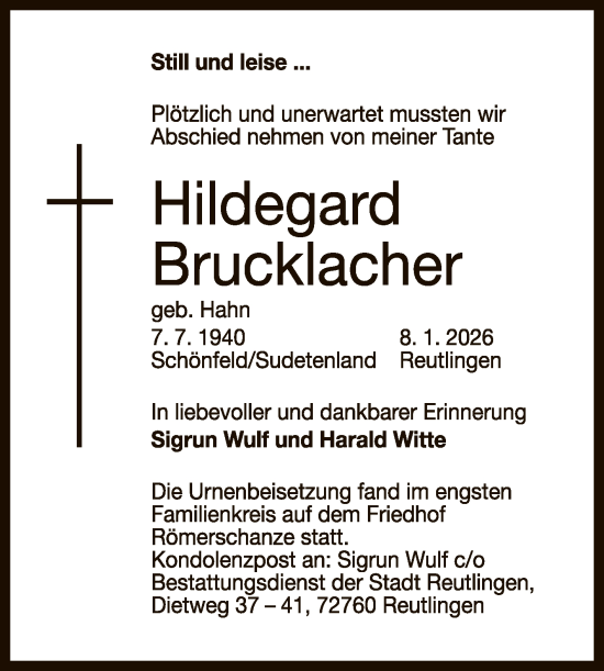 Anzeige von Hildegard Brucklacher von Reutlinger General-Anzeiger