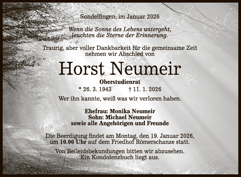  Traueranzeige für Horst Neumeir vom 15.01.2026 aus Reutlinger General-Anzeiger