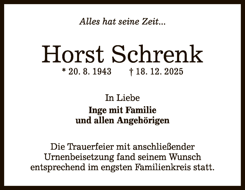  Traueranzeige für Horst Schrenk vom 10.01.2026 aus Reutlinger General-Anzeiger