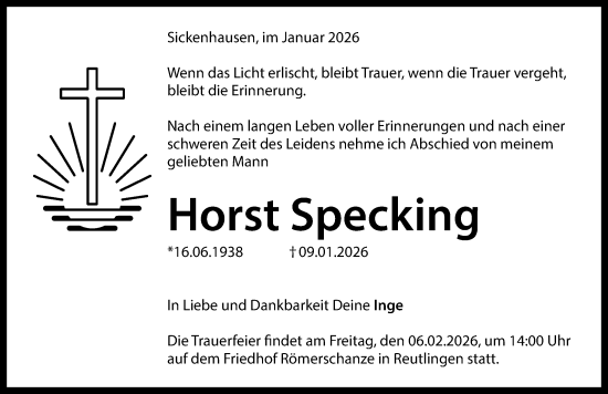 Anzeige von Horst Specking von Reutlinger General-Anzeiger