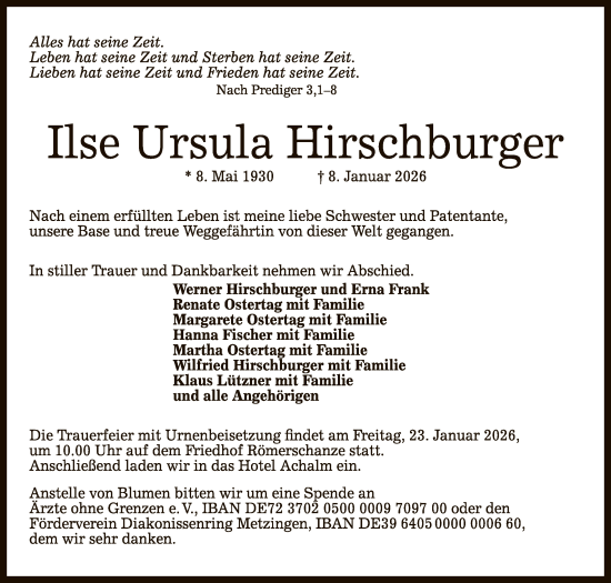 Anzeige von Ilse Ursula Hirschburger von Reutlinger General-Anzeiger