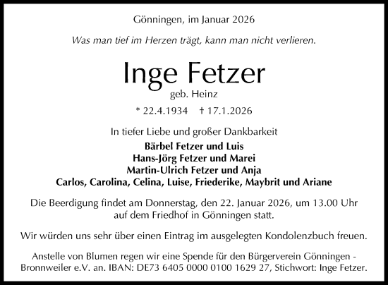 Anzeige von Inge Fetzer von Reutlinger General-Anzeiger