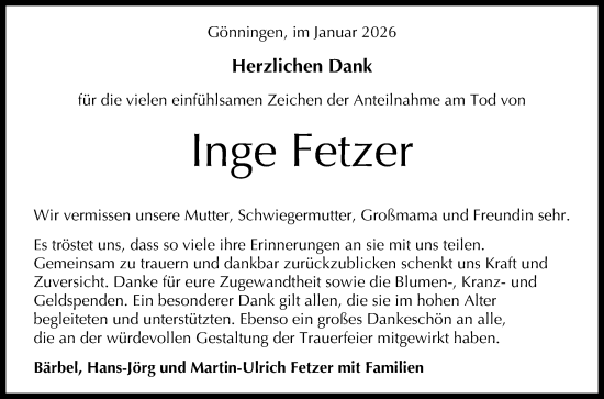 Anzeige von Inge Fetzer von Reutlinger General-Anzeiger