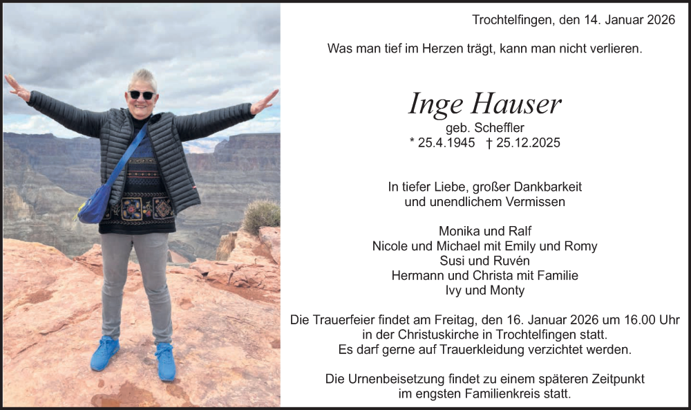  Traueranzeige für Inge Hauser vom 14.01.2026 aus Reutlinger General-Anzeiger