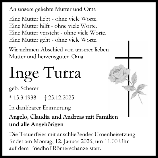 Anzeige von Inge Turra von Reutlinger General-Anzeiger