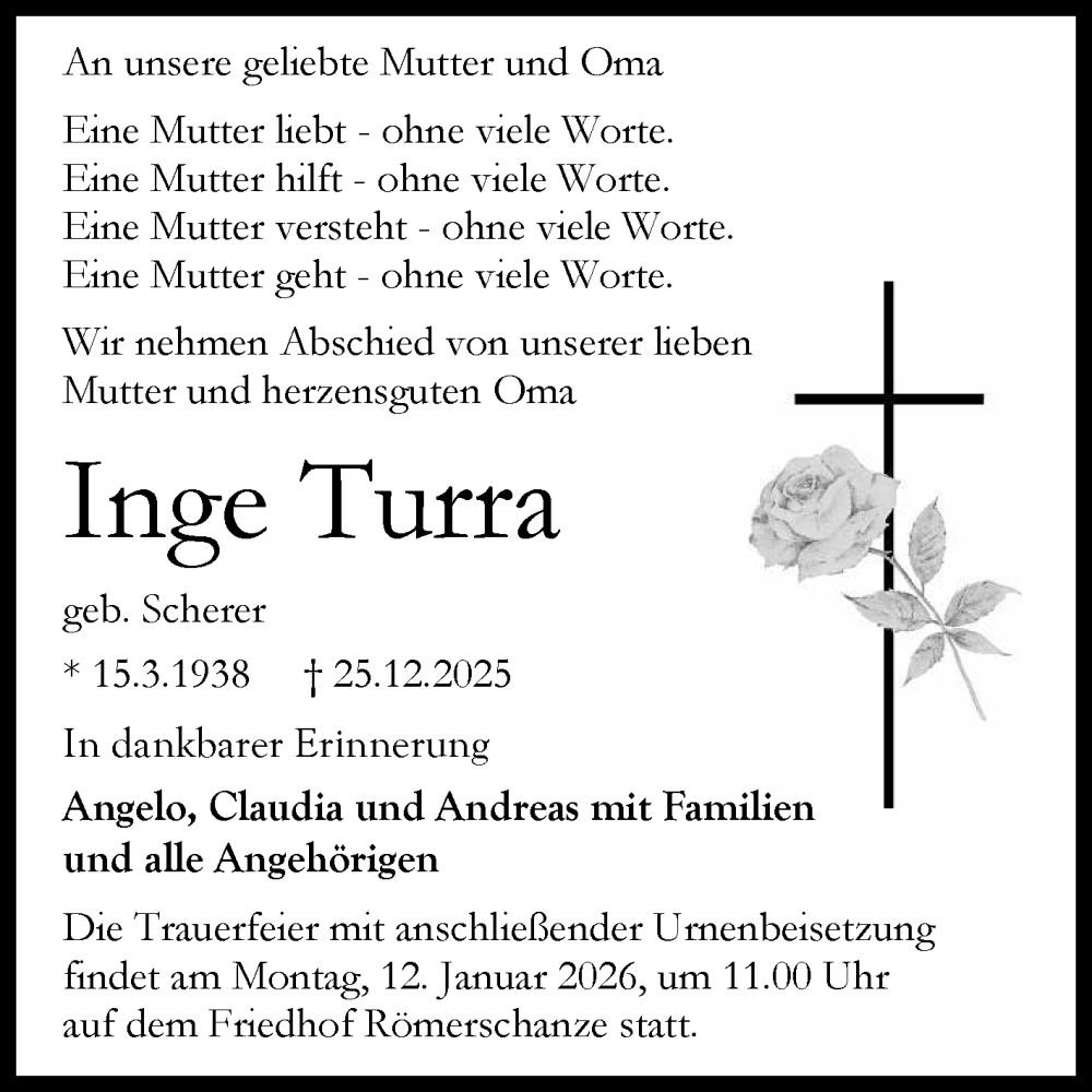  Traueranzeige für Inge Turra vom 03.01.2026 aus Reutlinger General-Anzeiger