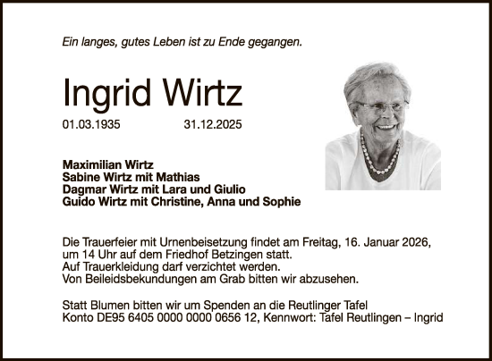 Anzeige von Ingrid Wirtz von Reutlinger General-Anzeiger