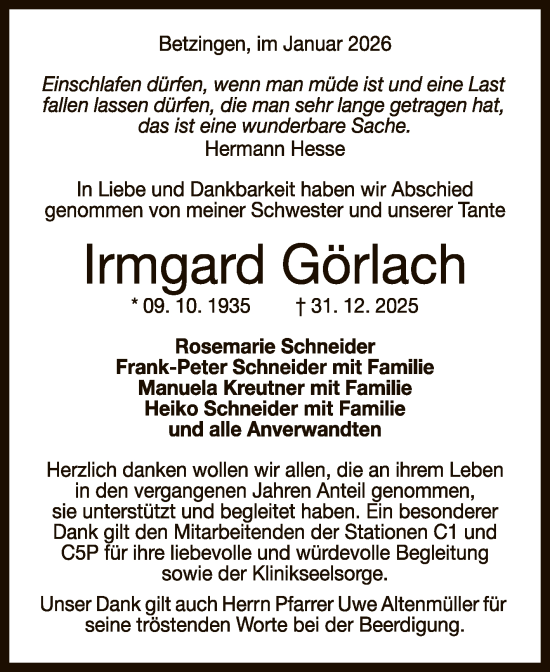 Anzeige von Irmgard Görlach von Reutlinger General-Anzeiger