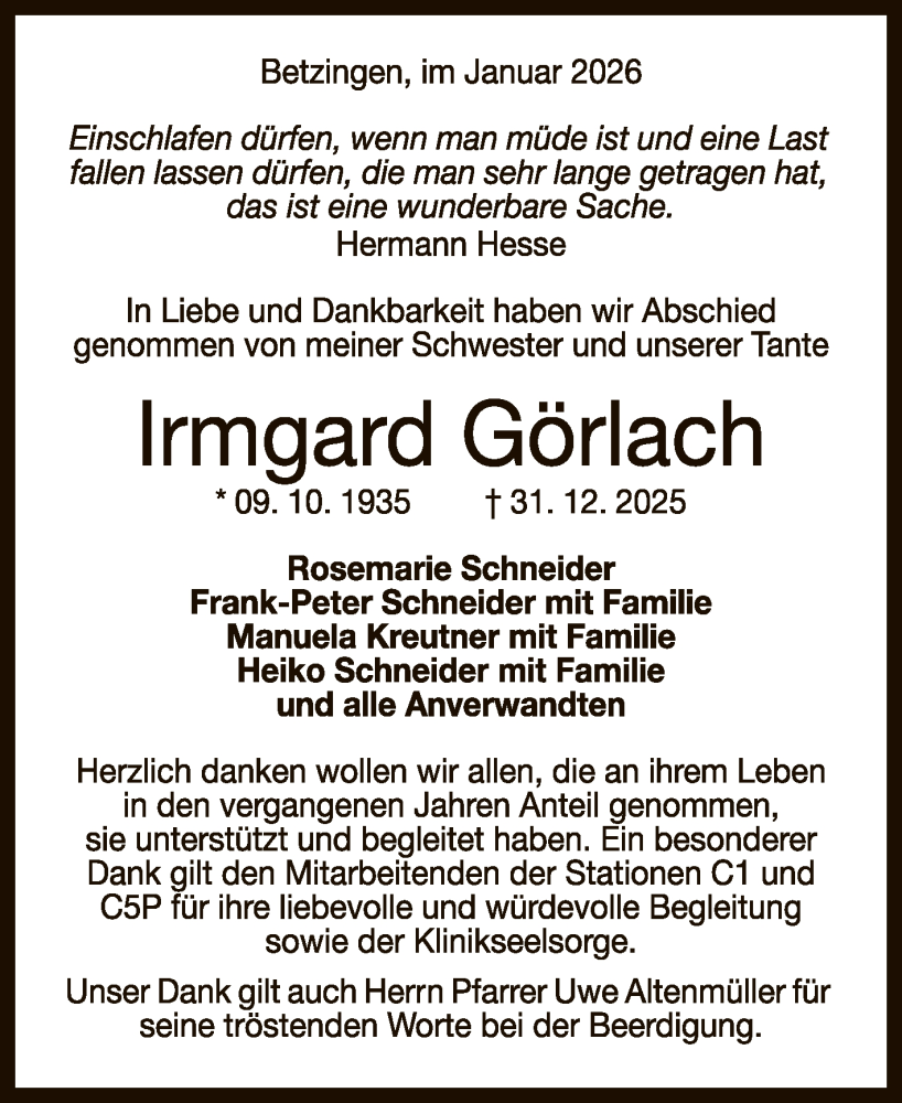  Traueranzeige für Irmgard Görlach vom 17.01.2026 aus Reutlinger General-Anzeiger
