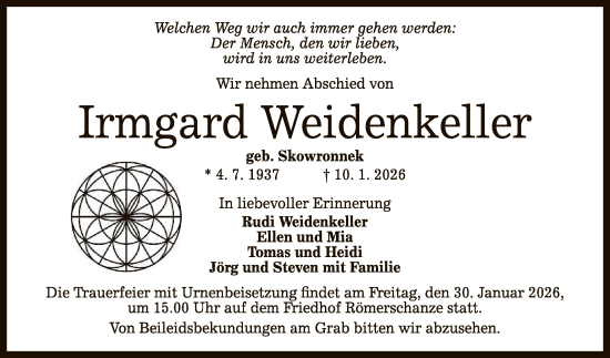Anzeige von Irmgard Weidenkeller von Reutlinger General-Anzeiger