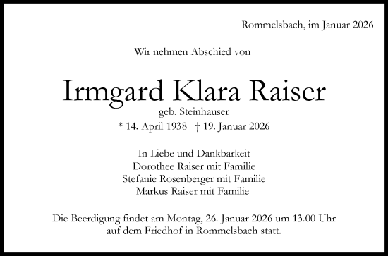 Anzeige von Irmgard Klara Raiser von Reutlinger General-Anzeiger