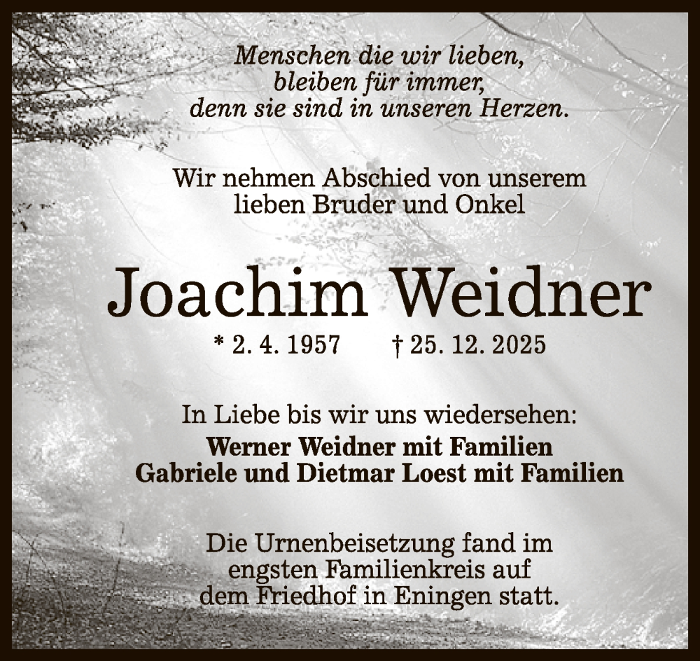  Traueranzeige für Joachim Weidner vom 17.01.2026 aus Reutlinger General-Anzeiger