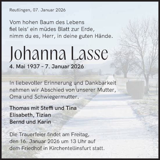 Anzeige von Johanna Lasse von Reutlinger General-Anzeiger