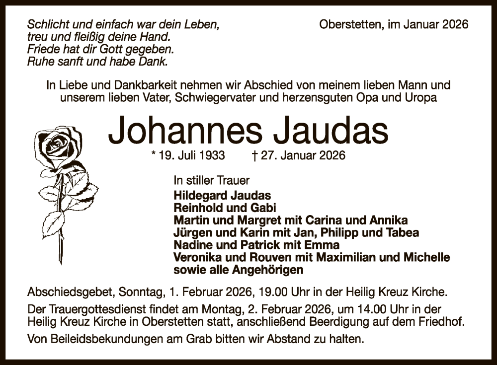  Traueranzeige für Johannes Jaudas vom 30.01.2026 aus Reutlinger General-Anzeiger