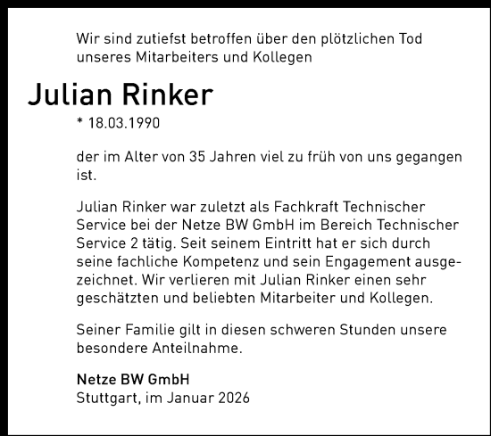 Anzeige von Julian Rinker von Reutlinger General-Anzeiger